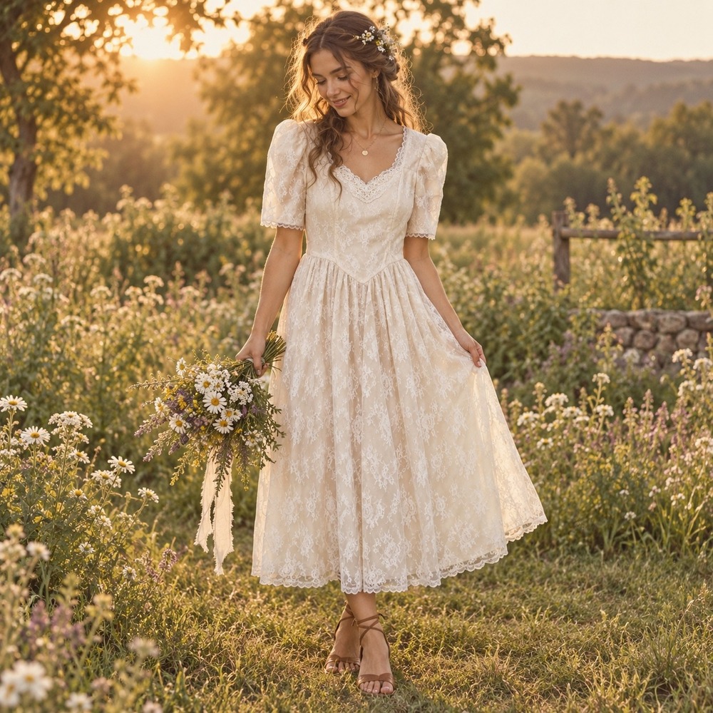 Vintage Gunne Sax Jessica McClintock Wedding Dress 7/XS Cream Lace Prairie Bride